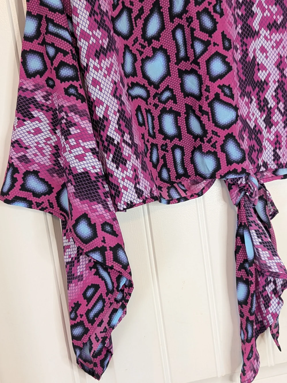 Peace Love Cake Bold Snake Print Patterned Tie Front Blouse Flared Sleeves